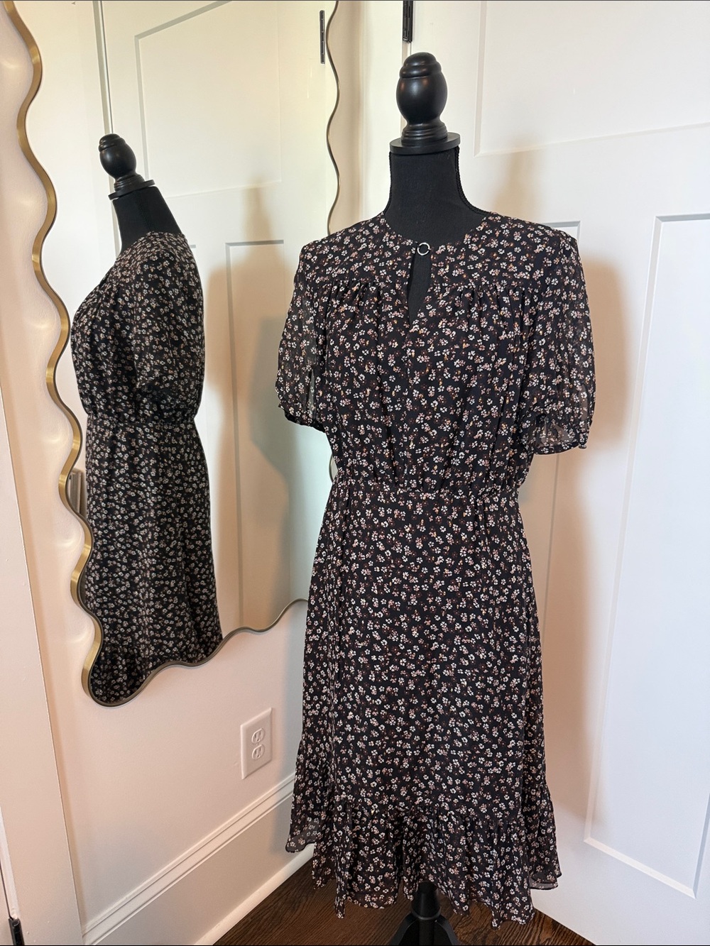 Altuzarra Black Floral Midi Dress with Puff Sleeves